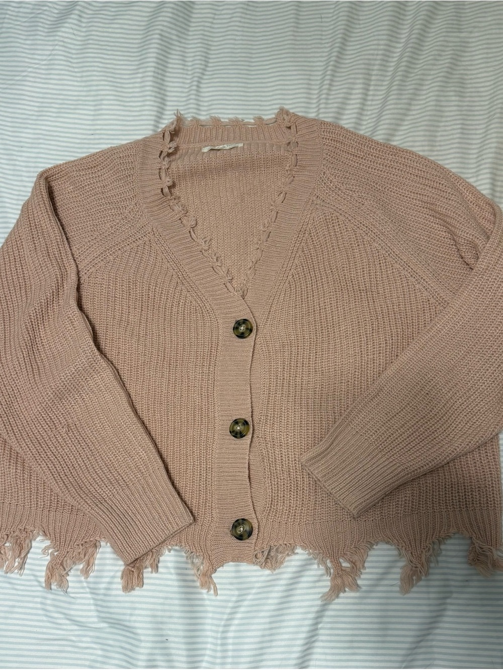 Frayed Hem Blush Button-Front Knit Cardigan